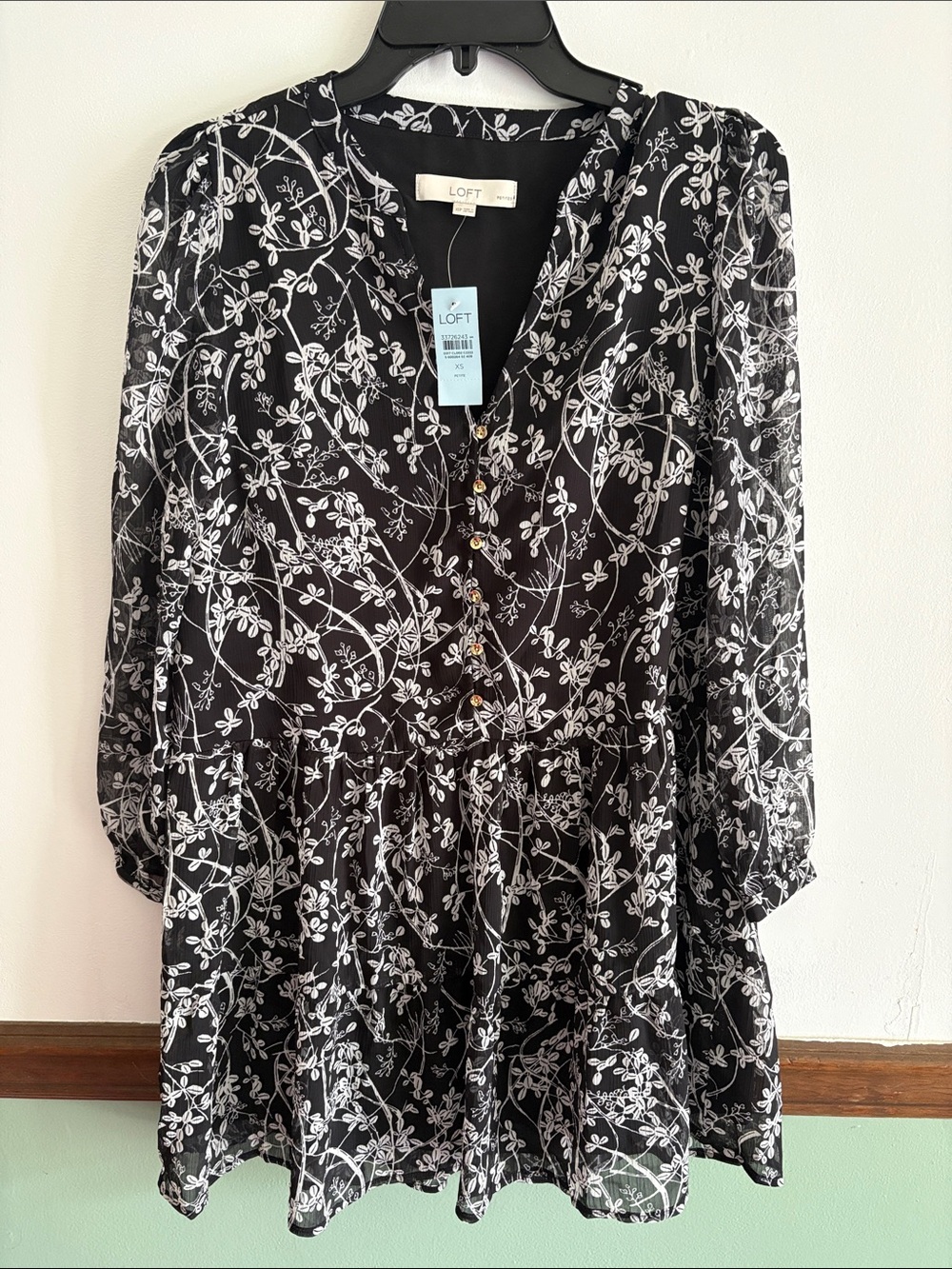 LOFT Womens Black and White Floral Button-Front Dress size XSP
